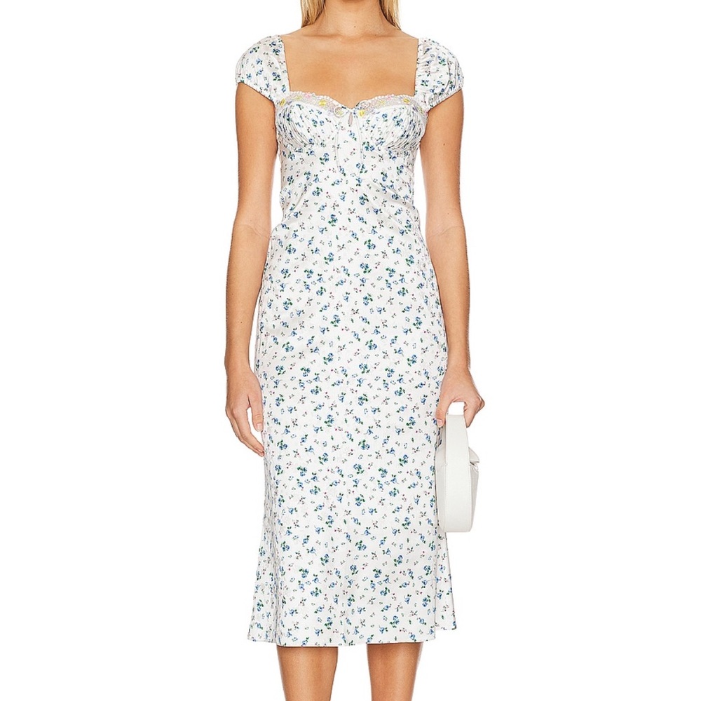 For Love & Lemons White Floral Midi Dress with Blue and Green Print